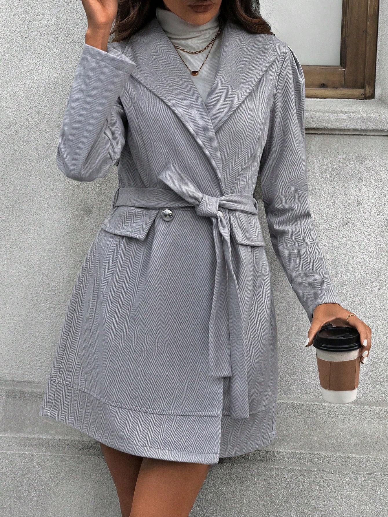 Women's Woolen Coat With Wide Lapel Collar And Belt