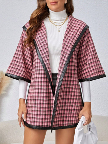 Women's Plaid & Color Block Edge Hooded Woolen Coat