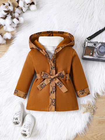 2pcs Baby Boys' Leisure Vintage Elegant Geometric Printed Woolen Suit With Belt, Autumn/winter