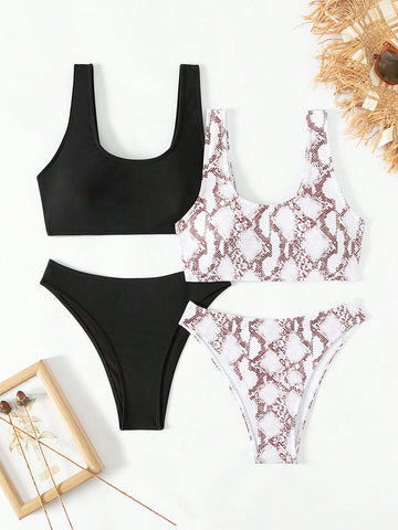 4pcs/Set Women's Solid Color And Snake Print Swimsuit Set Matching Set