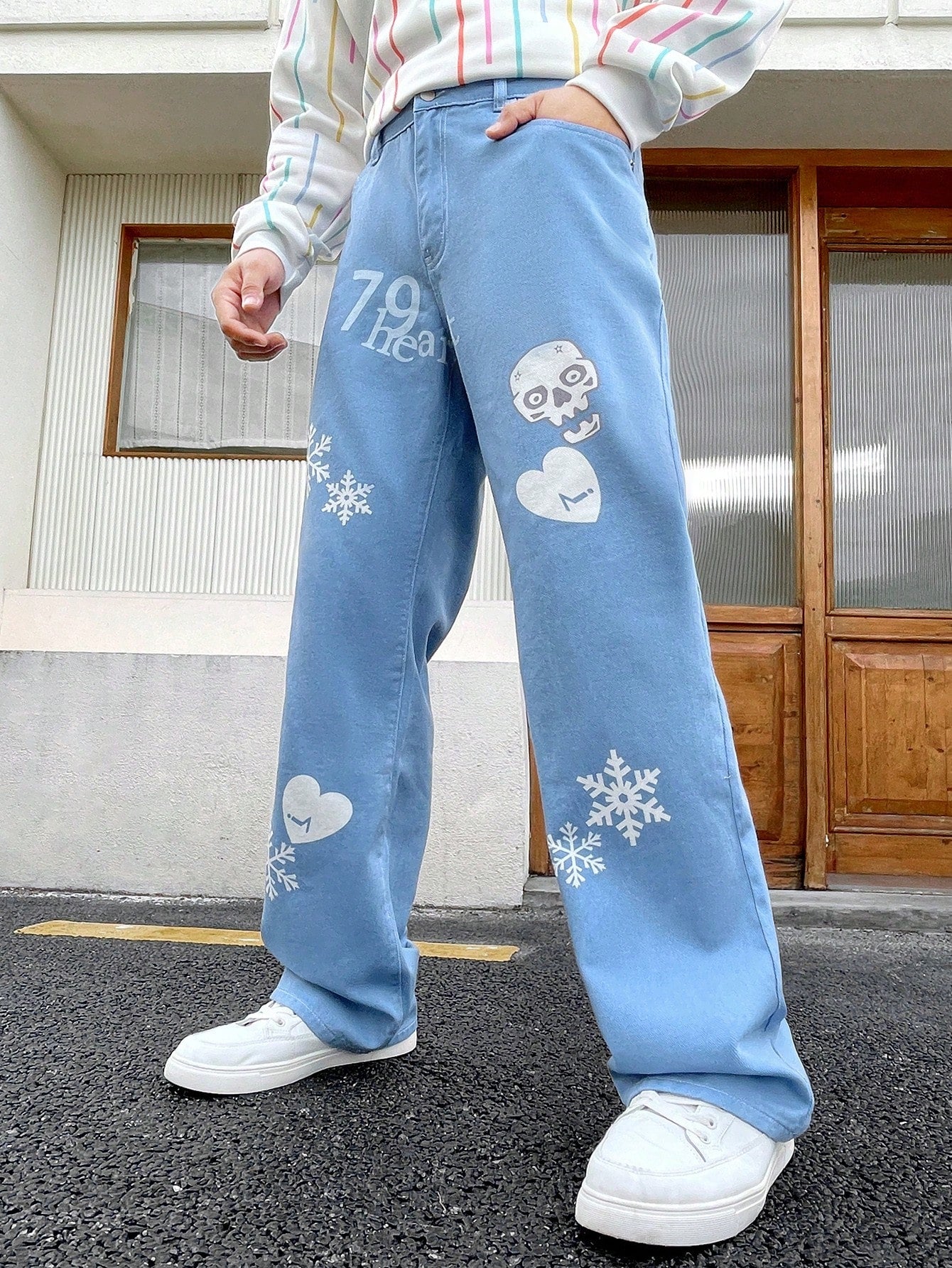 Men's Snowflake & Skeleton Printed Straight Leg Jeans