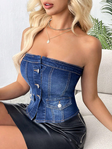 Casual Short Cropped Denim Bustier Top