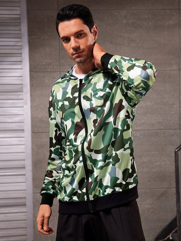 Men's Camouflage Zipper Closure Sports Hoodie Workout Tops