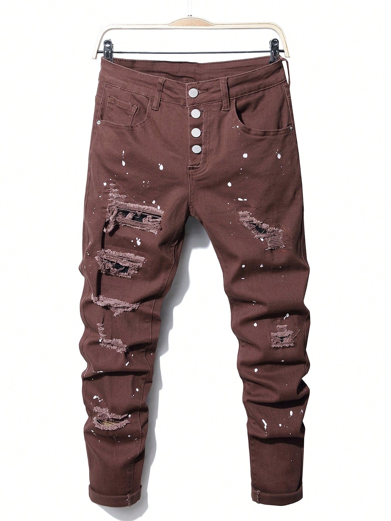 Men's Frayed Distressed Ripped Jeans With Ink-splatter Print And Button Fly Closure