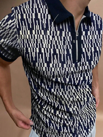 Men's Simple Printed Zipper Collar Short Sleeve Lapel Polo Shirt