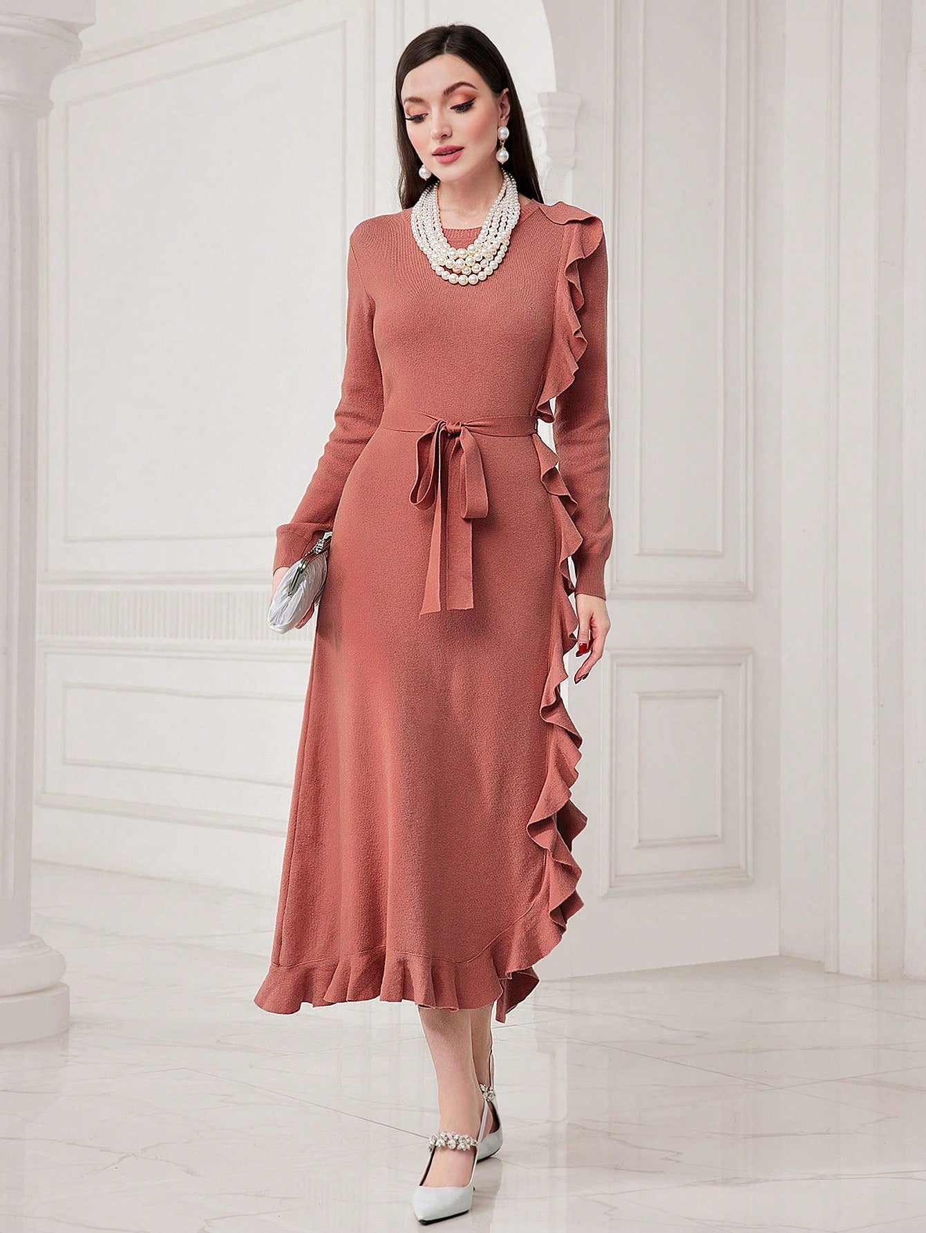 Ruffle Trim Decorated Long Sleeve Sweater Dress