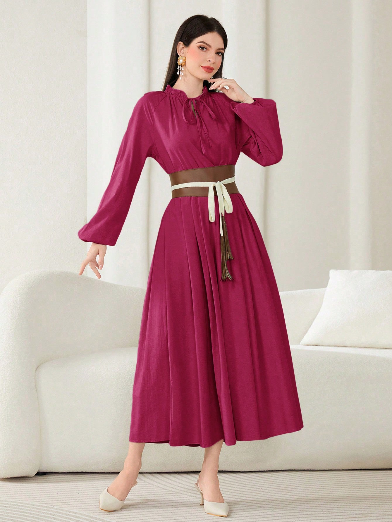 Elegant Belted Lantern Sleeve Dress