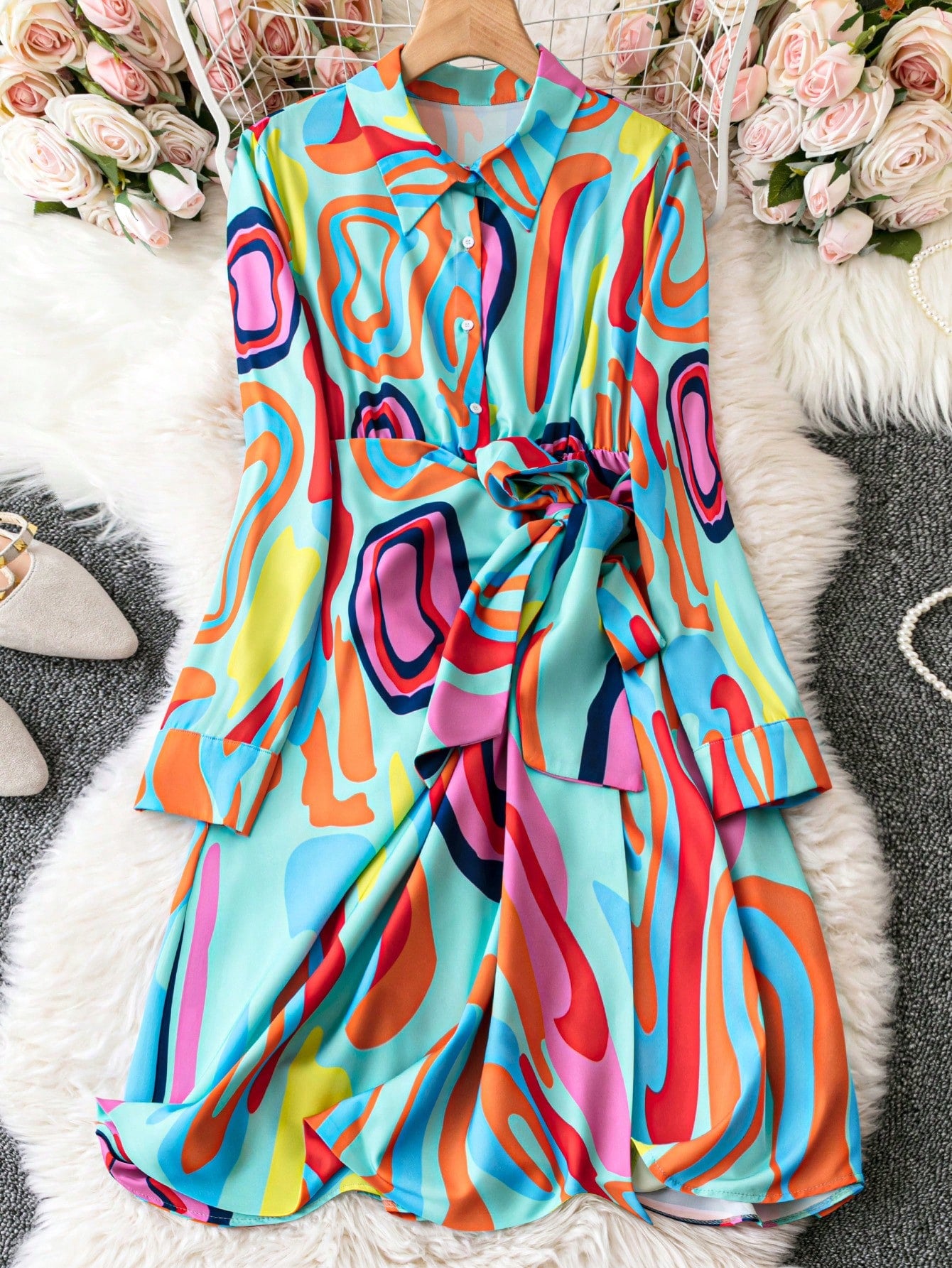 Plus Size Full Printed Button Down Shirt Dress