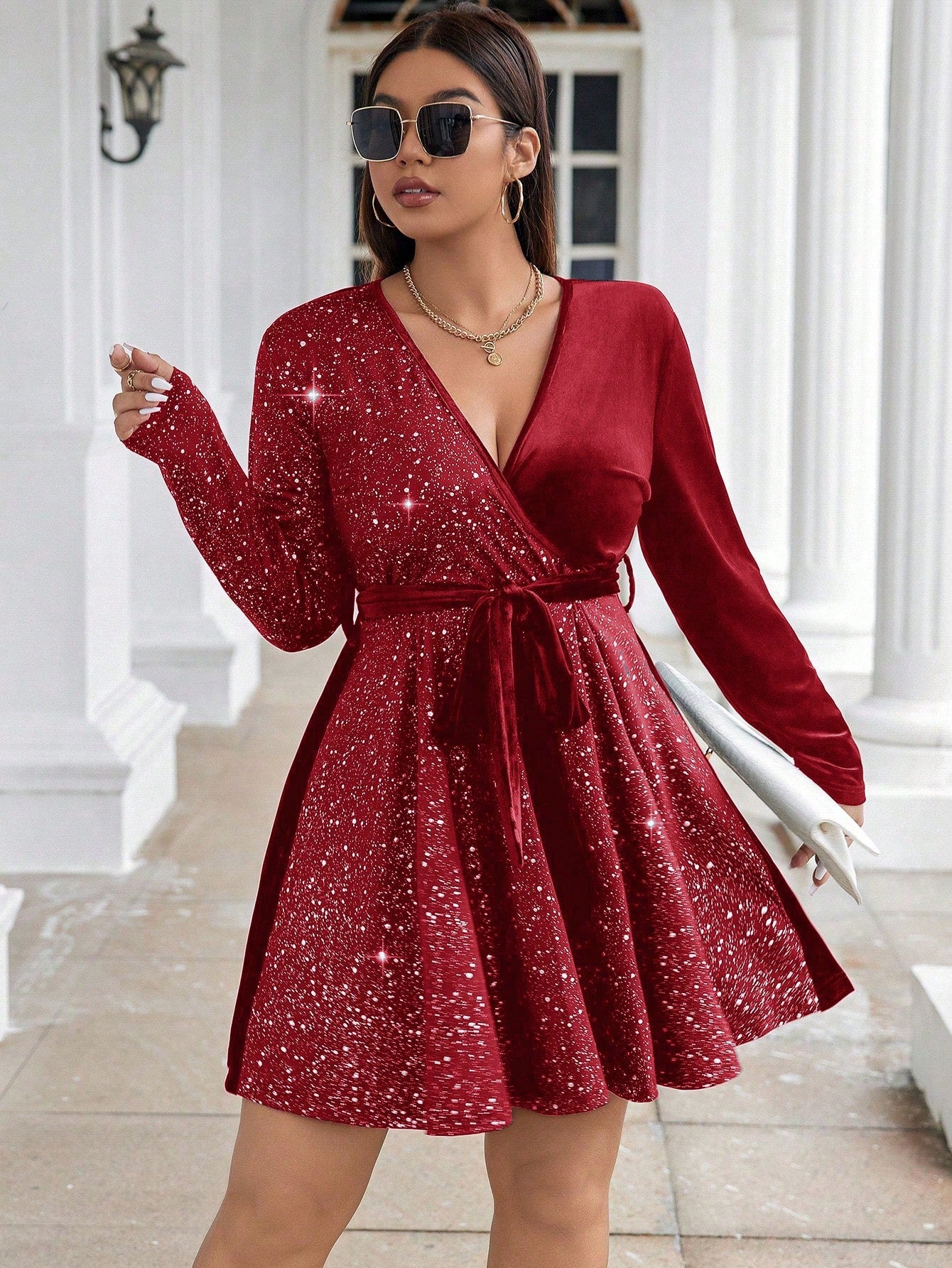 Plus Size Sparkly Cross Wrap Long Sleeve Dress