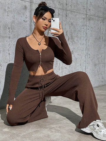 Women's Zipper Front Cardigan And Drawstring Waist Flare Leg Knit Pants 2 Piece Set