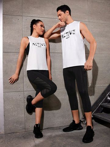 Men's Sleeveless Athletic T-Shirt With Letter Print Workout Tops