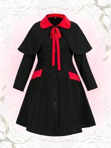 Plus Size Contrast Color Shawl Collar With Belt Woolen Coat