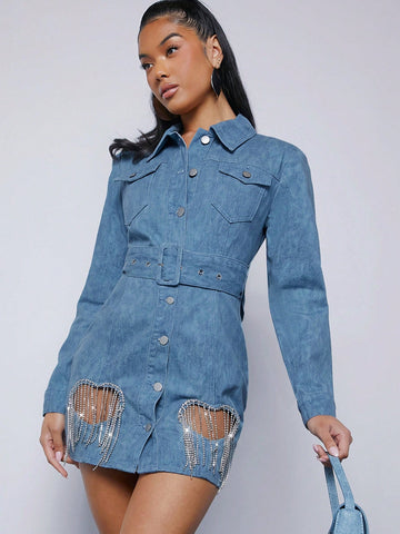 Rhinestone Fringe Heart Denim Dress