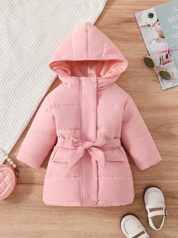 Baby Girl 1pc Hooded Belted Puffer Coat