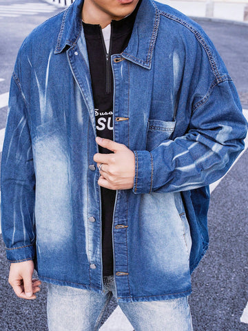 Men's Extra Loose Denim Shirt With Turn-Down Collar And Drop Shoulder Design