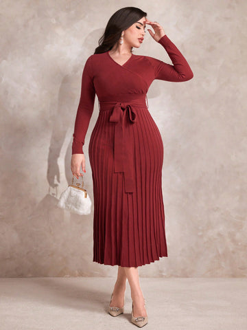 Women's V-neck Belted Sweater Dress