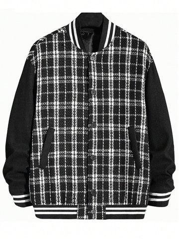 Loose Fit Men's Plaid Pattern Bomber Jacket With Striped Trims