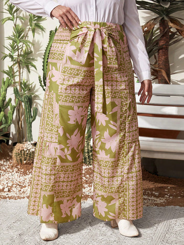 Women's Plus Size Floral & Geometric Printed Belted Pants