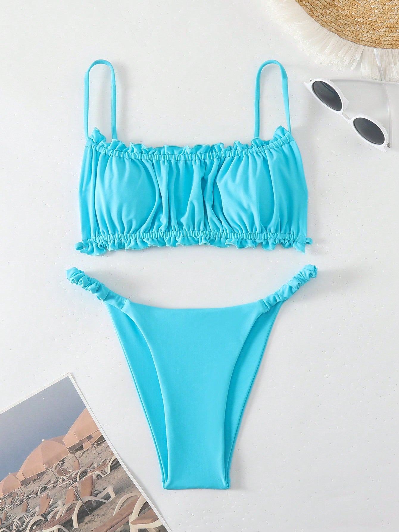 Women's Solid Color Ruffled Swimsuit Set Music Festival