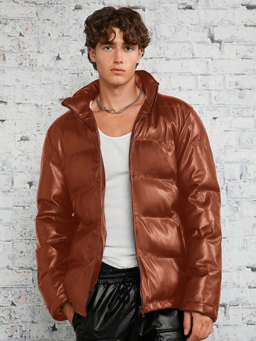 Men's Loose-Fit Woven Casual Puffer Coat With Pu Leather Details