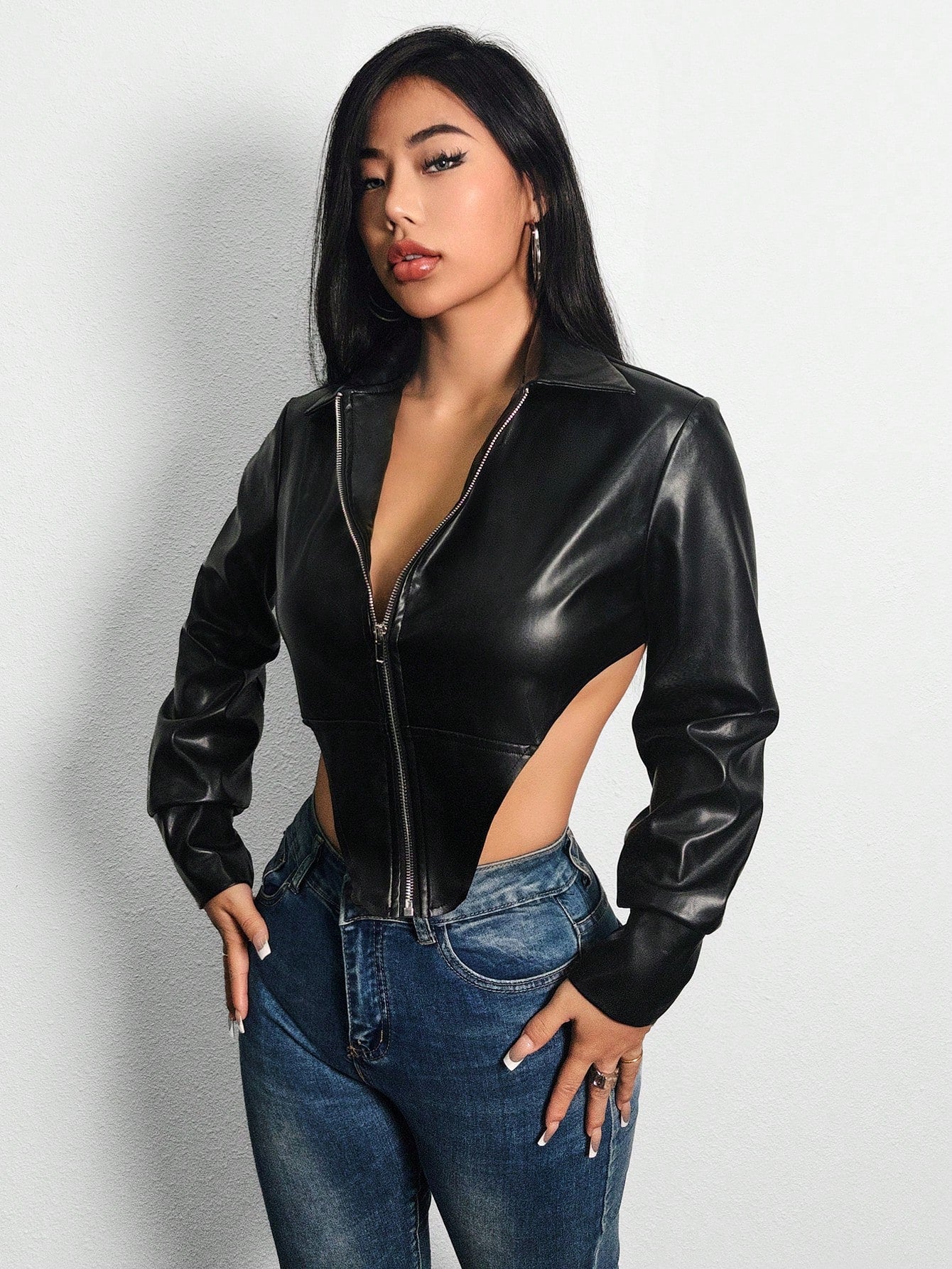 Women's Pu Leather Jacket With Collar & Irregular Hem Design