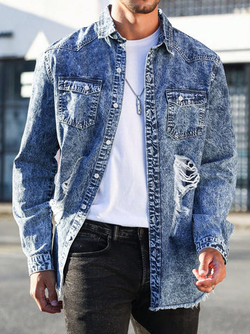 Men's Washed Distressed Denim Shirt