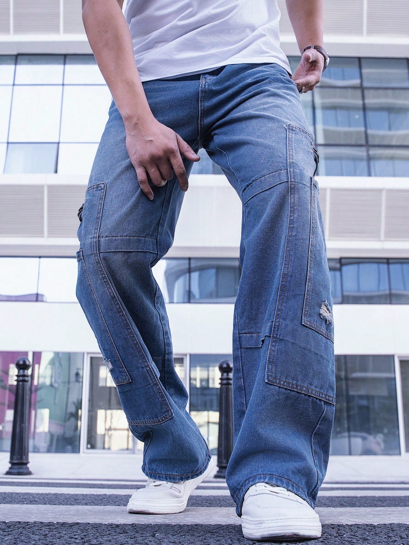 Men's Washed Ripped Wide Leg Jeans