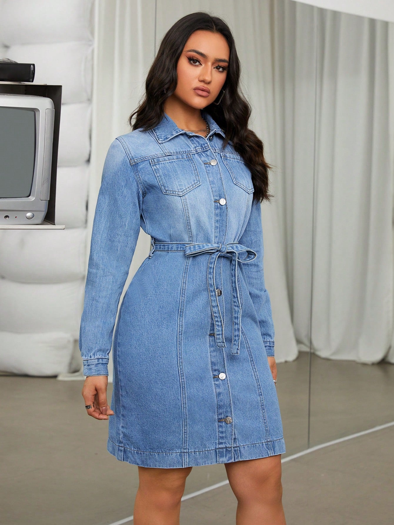 Denim Midi Dress With Waist Belt