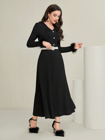 Women's Button Detail Frayed Sleeve Hem Dress