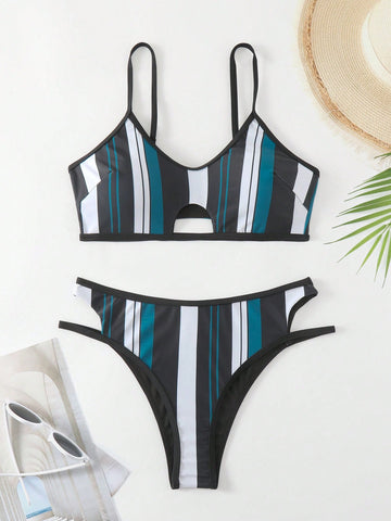 Women's Striped Print Cutout Swimwear Set