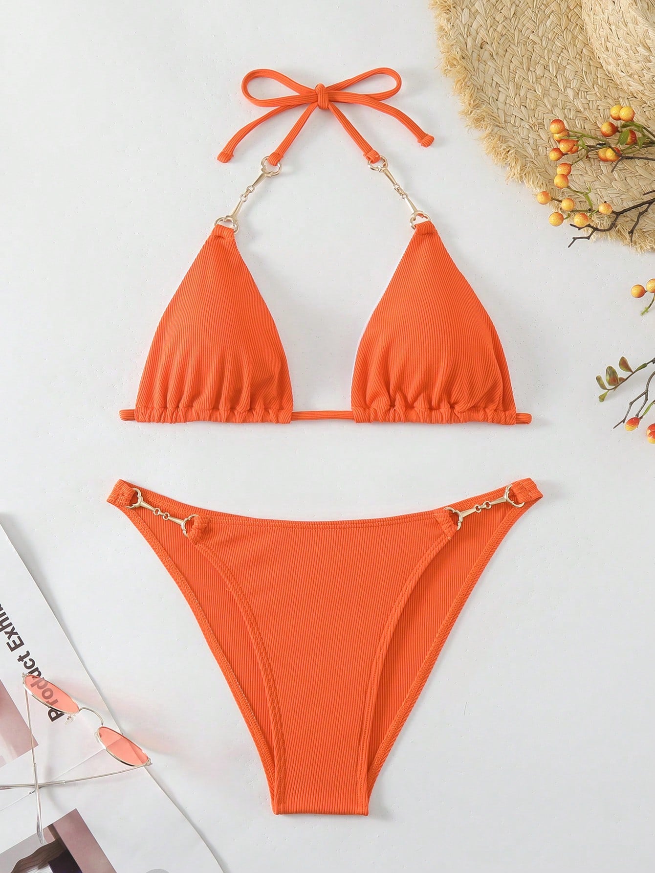 Women's Solid Ring Buckle Decorated Halter Bikini Set, Summer Beach Carnival Bathing Suit