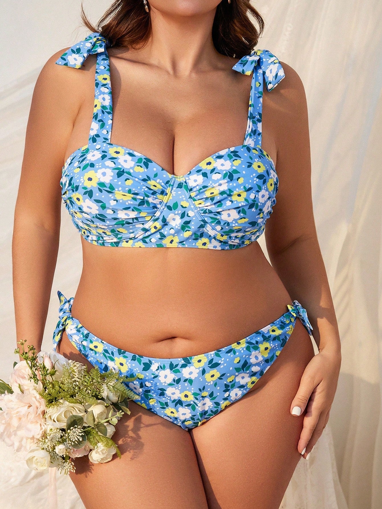 Women's Plus Size Floral Printed Swimsuit With Self Tie Bikini Set