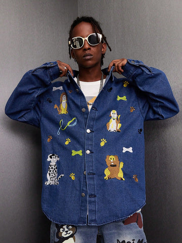 Men's Loose Fit Cartoon Pattern Denim Shirt