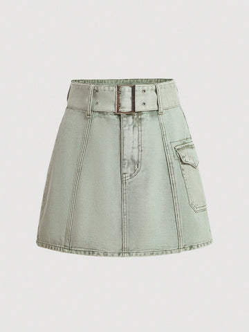 Women'S Belted Denim Skirt With Cargo Pocket