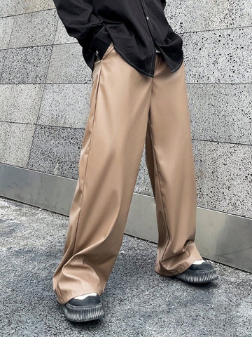 Loose Fit Men's Solid Color Pu Leather Pants