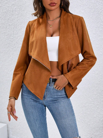 Zipper Open-front Asymmetrical Hem Jacket