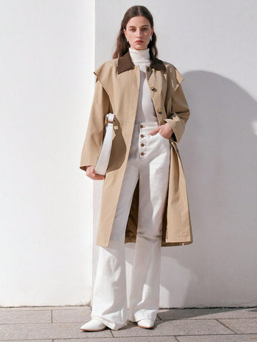 Women's Color Block Lapel Collar Belted Trench Coat