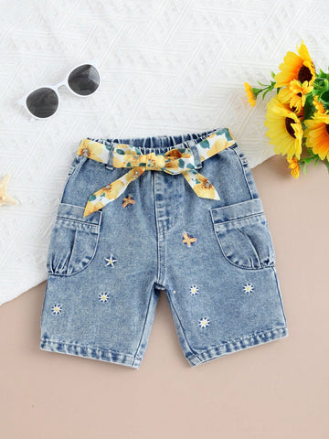 Infant Girls' Basic Casual Vacation Style Light Blue Washed Denim Shorts With Floral Embroidery, Waist Belt