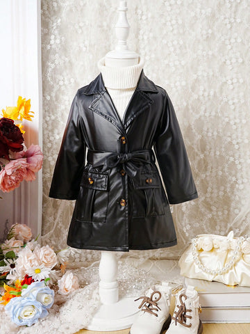 Baby Girls' Pu Jacket With Turn-down Collar And Waist Belt