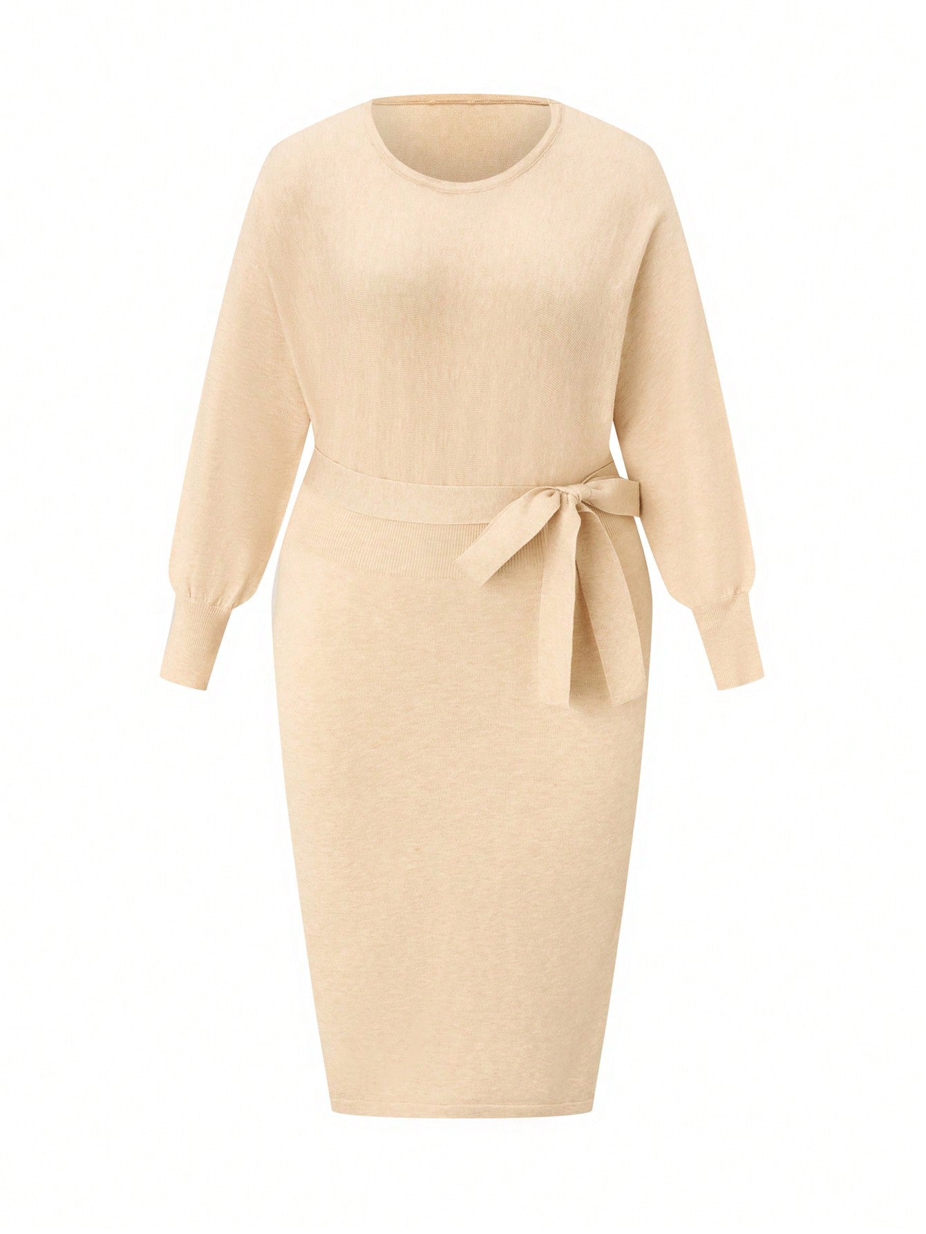 Plus Size Round Neck Belted Sweater Dress