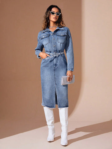 Flap Pocket Detail Denim Shirt Dress Without Waist Belt, Water Washed