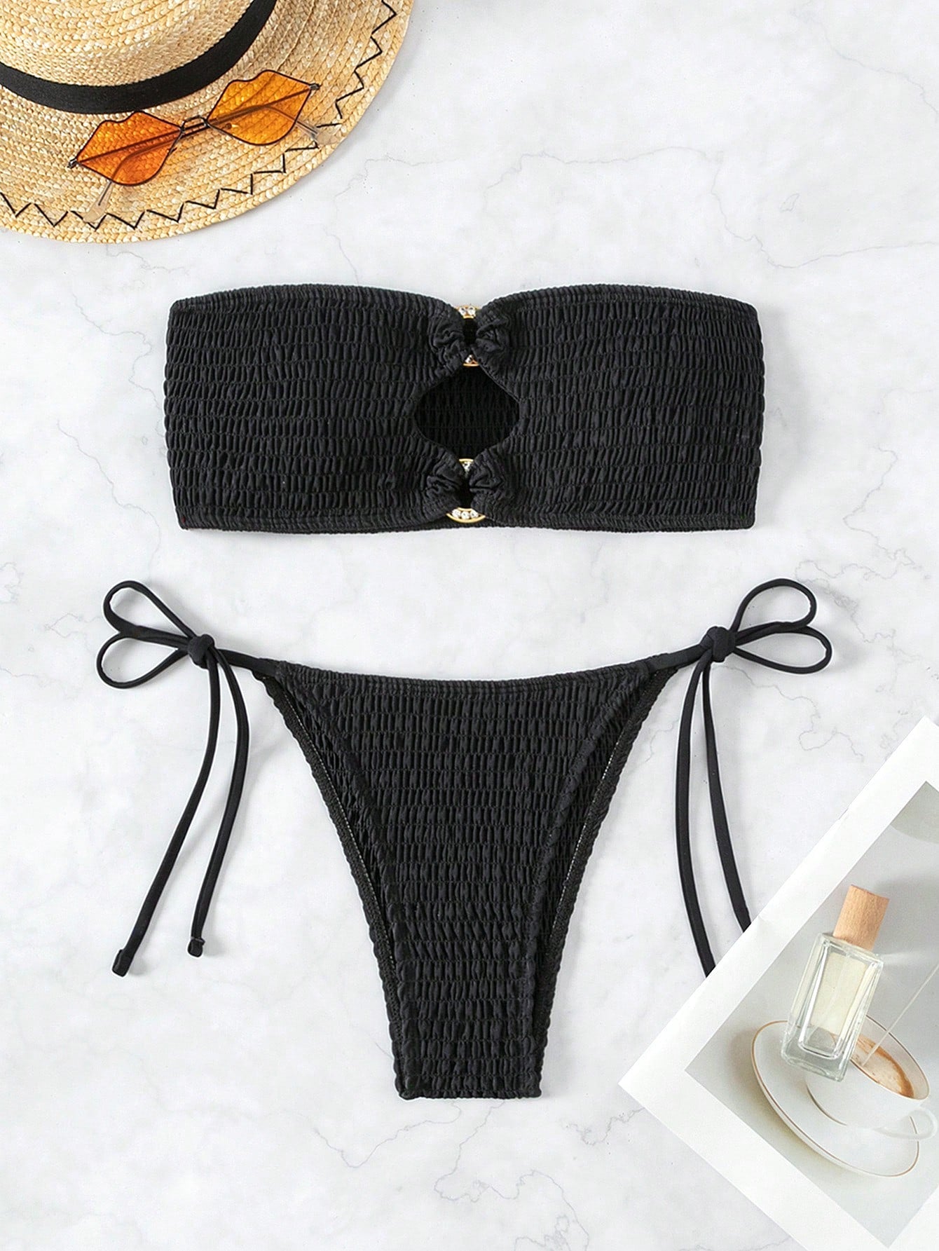 Solid Color Hollow Out Strapless Swimsuit Set