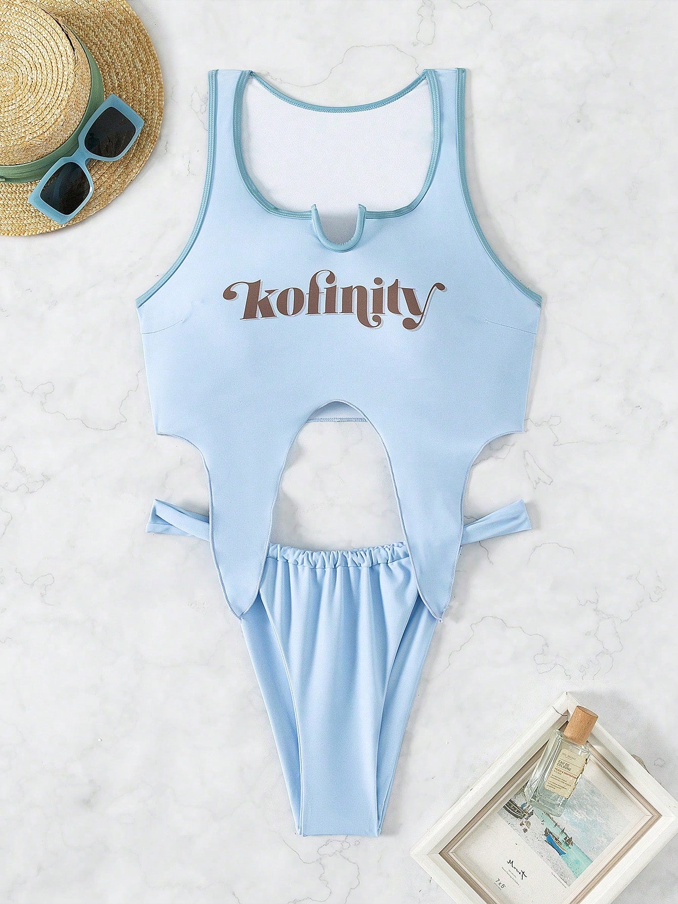 One Piece Swimsuit With Hollow Out And Letter Pattern