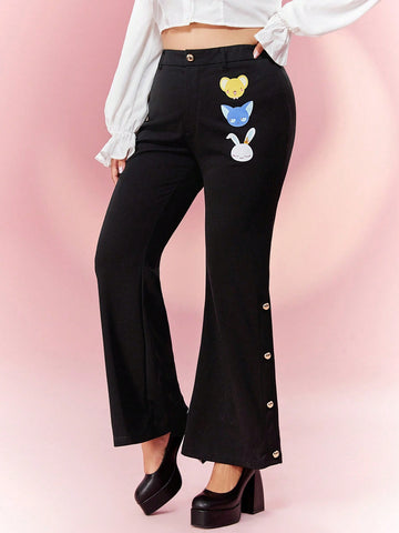 Plus Cartoon Graphic Button Detail Flare Leg Pants