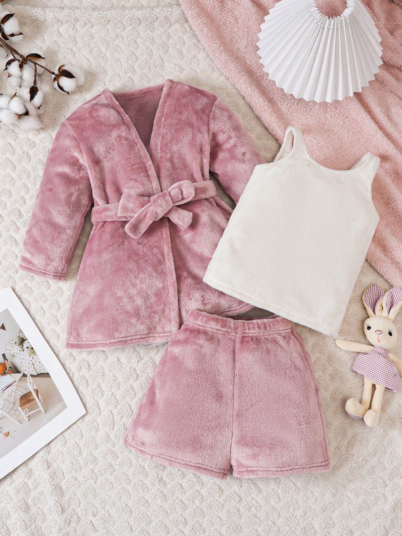 Little Girls' Knitted Solid Color Plush Loose Open Front Coat, Knitted Vest And Shorts 3pcs Set For Homewear