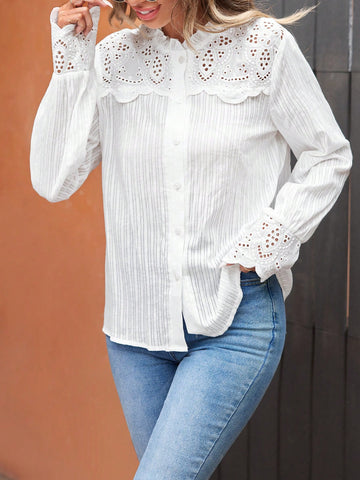 Embroidery Cut Out Panel & Ruffle Trim Decor Shirt