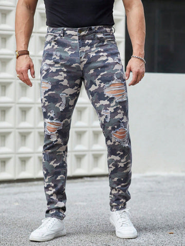 Men's Camouflage Print Ripped Jeans