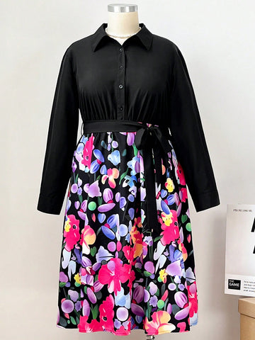 Women's Plus Size Button Placket Half-open Floral Printed Dress With Patchwork