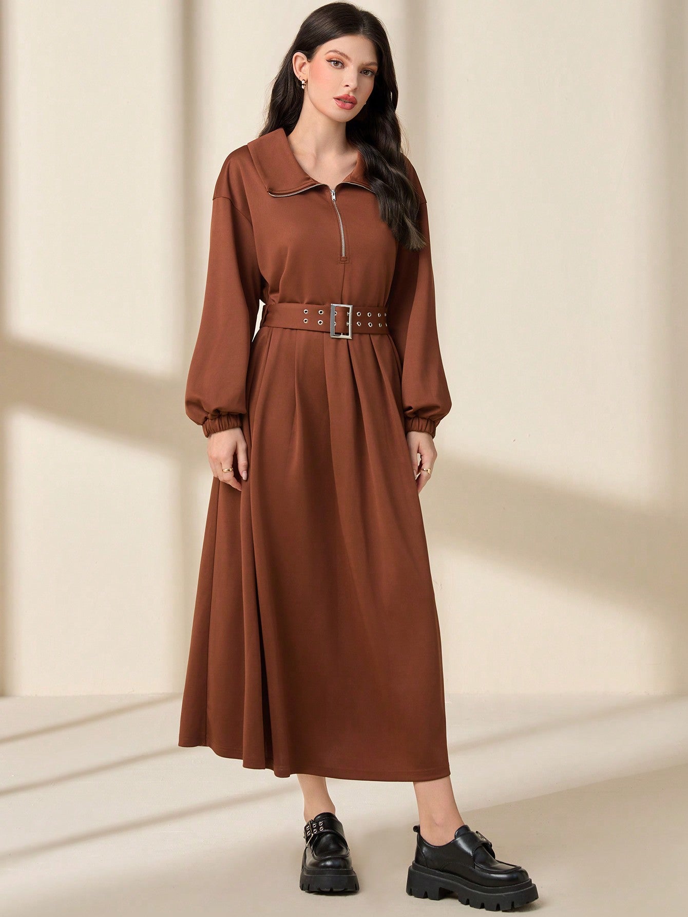 Women's Solid Color Drop Shoulder Belted Dress