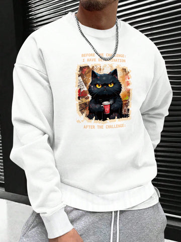 Men's Cartoon And Slogan Printed Round Neck Sweatshirt